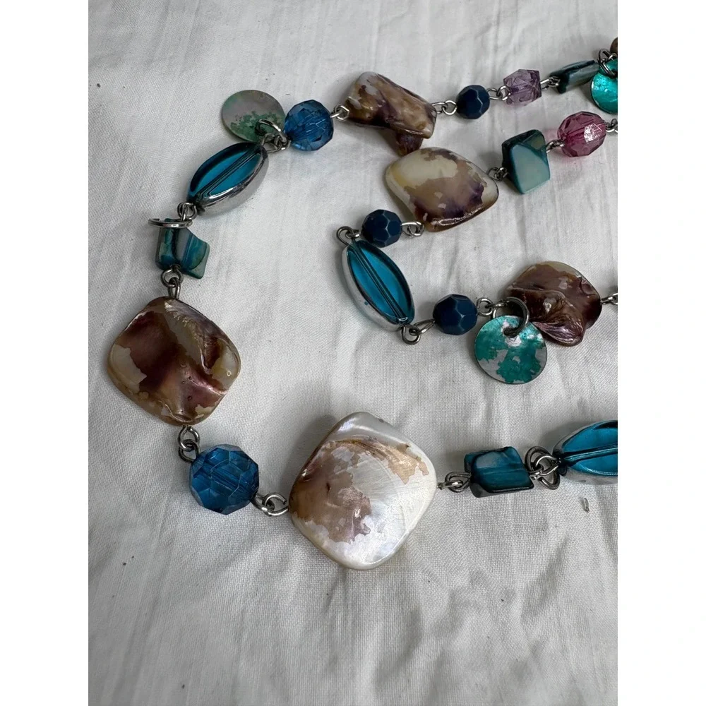 Multi Strand Statement Necklace Natural Shell Beads Blue Pink Purple Accent